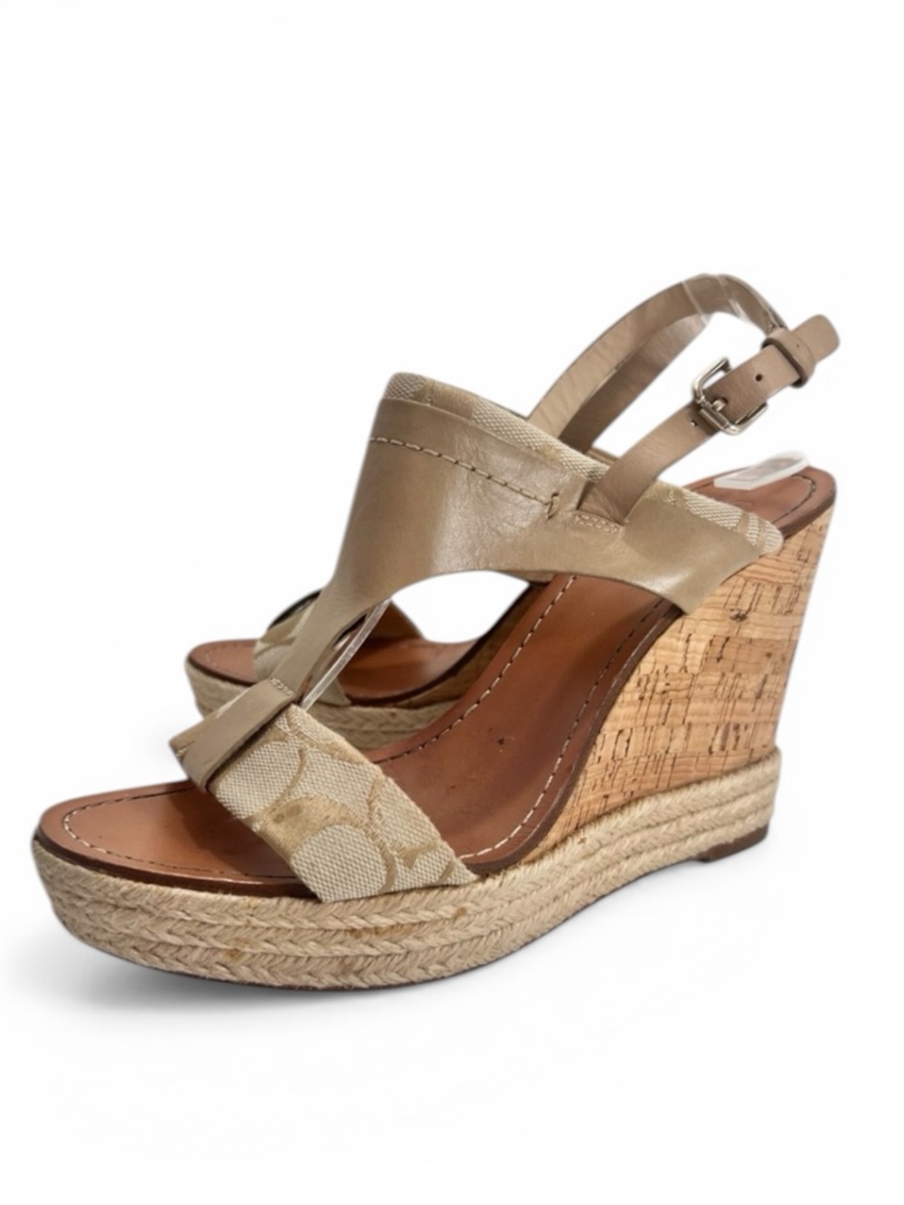 Coach Khaki Leather Signature Canvas Mendez Cork Wedges Sandals